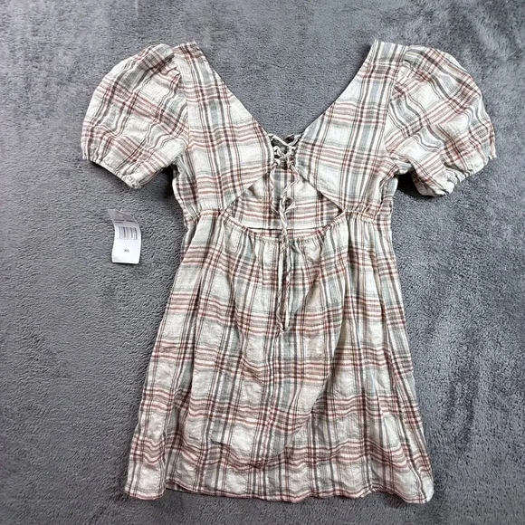 Eyeshadow NEW XL Plaid Mini Dress Puff Sleeve Lace Up Front Cotton CottageCore - Picture 2 of 7